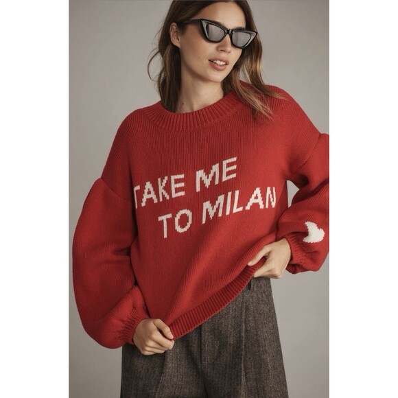 Anthropologie Maeve Graphic City Sweater Sz XXS Red - Picture 1 of 8